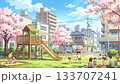一段影片記錄了春天日本住宅區公園裡孩子們玩耍的場景，公園裡櫻花盛開。 133707241