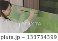 Artist creates vibrant painting using green hues in modern studio setting Artist creates vibrant painting using green hues in modern studio setting 133734399