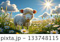 Cute cartoon sheep stands in colorful flower field under a bright blue sky on a sunny day 133748115