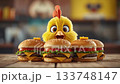 A colorful cartoon chicken smiles as it sits among delicious burgers topped with cheese, lettuce, and tomatoes in a bright restaurant atmosphere. The cheerful scene captures a lighthearted moment. 133748147