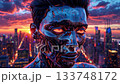 A futuristic robot stands atop a skyscraper, gazing over a dynamic city skyline. The sunset casts colorful light, enhancing the robot's metallic features against the city backdrop. 133748172