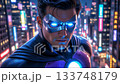 A hero in a sleek suit and mask overlooks a bustling city filled with neon lights. The scene captures a moment of reflection, showcasing strength and determination amidst urban life. 133748179