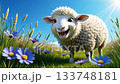 Cute cartoon sheep stands in colorful flower field under a bright blue sky on a sunny day 133748181
