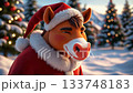 An animated horse dressed in a Santa outfit enjoys the holiday season surrounded by snow-covered trees and festive decorations. The cheerful atmosphere is inviting and warm. 133748183