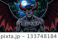 A strong demon stands ready to fight in a dense forest at night. The full moon illuminates the scene, highlighting his fierce expression and imposing wings. 133748184