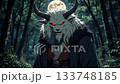 Powerful demon warrior prepares for battle under a full moon in a dark forest setting 133748185