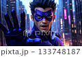 A masked hero in a blue costume prepares for action on a city rooftop at night. The bright lights of the urban landscape create a dramatic backdrop, highlighting his determination. 133748187