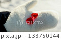 Winter Mittens With Red Hearts for Valentine's Day in a Snowy Landscape 133750144