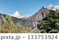 Himalayas majestic view on a snowy mountains peaks, panoramic nature background of a Himalayan mountain range covered with white snow, green valley under the mountain. 133753924