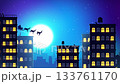 Santa sleigh flying across full moon above city skyline animation 133761170