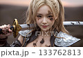 The beautiful blonde swordswoman with a sword on her shoulder smiles. 133762813