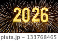 Golden fireworks exploding in night sky with big numbers 2026. Vibrant New Year video greeting 133768465