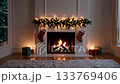 Cozy fireplace ambiance with flickering flames and holiday decor in a warm living room 133769406