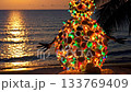 Vibrant seashell ornament illuminates tropical sunset beach scene 133769409