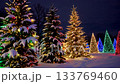 Enchanting winter wonderland with snowcovered trees and vibrant holiday lights 133769460