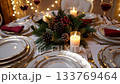 Elegant holiday table setting with festive lights and decor transforming ambiance 133769464