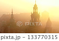 Aerial view of Wawel Castle during foggy sunrise, Krakow, Poland 133770315