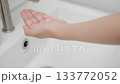 Closeup hand of woman dispenser for liquid soap in bathroom at home. 133772052