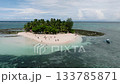 Tourists walk and swim around a small palm covered island with white sand beach. Guyam Island. Siargao, Philippines. 133785871