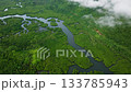 Top view of river bending through mangrove forest at the base of lush mountains with cloudy sky. Siargao, Philippines. 133785943
