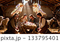 Nativity scene in a rustic stable with baby Jesus, Mary, Joseph, shepherds, glowing angels and farm animals traditional Christmas biblical illustration with warm light and spiritual atmosphere 133795401