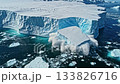 Wide aerial shot shows massive tabular iceberg cracking along front edge and breaking away from ice shelf, with huge white block slowly tilting and collapsing into dark ocean as symbol of accelerating 133826716