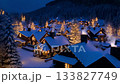 Soft aerial glide above snowy alpine village at dusk, houses and tall fir trees shine with golden fairy lights, with mountain backdrop. Video for cozy Christmas atmosphere 133827749