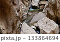 Crystal clear water flowing through a narrow rocky canyon. A small waterfall feeding a pristine pool in a serene, untouched natural gorge 133864694