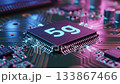 Dynamic macro scene shows 5g chip in center of electronic board while bright pulsing lines simulate visible electricity traveling through tiny wires and contacts, emphasizing high speed data transfer 133867466