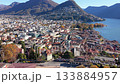 Panoramic aerial view of Lugano city and Lake Lugano. Lugano, Ticino, Switzerland 133884957