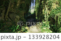 A tranquil canyon reveals a winding stream flowing through vibrant green vegetation. Sunlight filters through overhanging plants and rocks, casting gentle shadows in this peaceful wilderness. 133928204