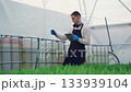 Farmer measures pH level of water in irrigation tank. Growing flowers, tulips. Using modern electronic devices to analyze quality of water for plant irrigation. Agricultural technology in greenhouse. 133939104