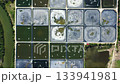 Aerial view of fish farm, shrimp farm. Artificial ponds with air pumps for fish breeding 133941981