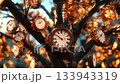 Unique tree adorned with clocks against a clear sky in a serene landscape 133943319
