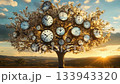 Unique tree adorned with clocks against a clear sky in a serene landscape 133943320