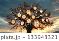 Unique tree adorned with clocks against a clear sky in a serene landscape 133943321