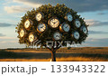 Unique tree adorned with clocks against a clear sky in a serene landscape 133943322