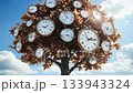 Unique tree adorned with clocks against a clear sky in a serene landscape 133943324