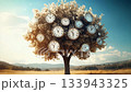 Unique tree adorned with clocks against a clear sky in a serene landscape 133943325
