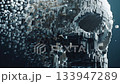 Digital skull disintegrating into cubic fragments, revealing intricate voxel based transformation symbolizing technological decay and digital metamorphosis 133947289