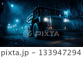 Large mining truck traversing dimly lit underground tunnel, powerful headlights cutting through darkness and revealing rugged industrial environment with dramatic metallic shadows 133947294