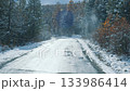 Driving pov on a slippery winter forest road 133986414