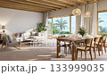 3D animation render of a modern contemporary coastal dining, living room with sea view. 133999035