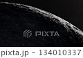 Moon Surface Close-Up With Cratered Terrain And Curved Horizon In Space At Dusk 134010337