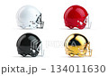 American football helmets of various colors isolated on white background. 3d animation 134011630