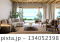 3D animation render of a modern contemporary coastal living room with sea view 134052398