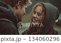 Young redhead woman with freckles smiling at her boyfriend under the rain 134060296