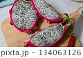 Fresh Pitahaya pink dragonfruit slices. Exotic fruit on white background. 134063126