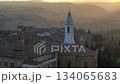 Magical Parallax View of Pienza Cathedral In Tuscany, Italy. Historic Pienza Town On a Hilltop at Hazy Sunrise. 134065683