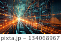 A view of a vibrant city illuminated with bright lines and digital patterns, reflecting a blend of technology and modern architecture under a night sky. A view of a vibrant city illuminated with bright lines and digital patterns, reflecting a blend of technology and modern architecture under a night sky. 134068967